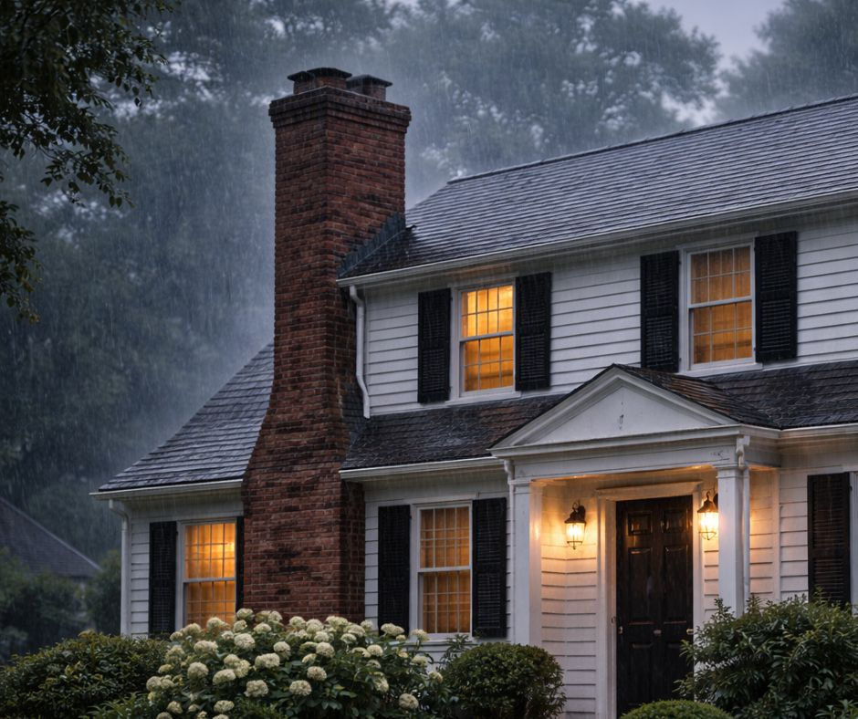 a white colonial home with a brick chimney on a dark and rainy afternoon