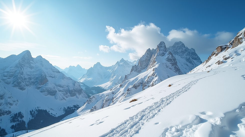 Weitwinkelaufnahme der Alpen mit schneebedeckten Gipfeln und blauem Himmel