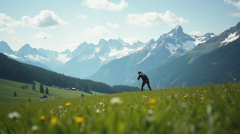 Weitwinkelaufnahme der Alpenlandschaft mit grünen Wiesen und schneebedeckten Gipfeln