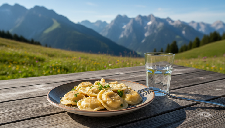 Close-up view of a wooden table with Kärntner Kasnudeln on an alpine terrace.