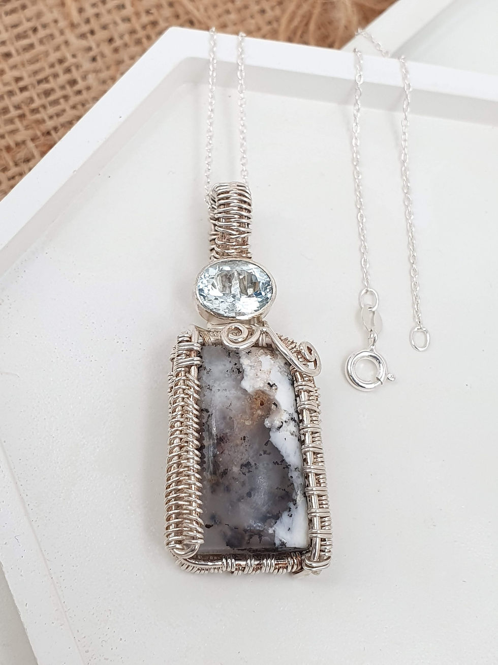 Thumbnail: Sterling silver wire wrapped necklace with Opal and Aquamarine | NL779063