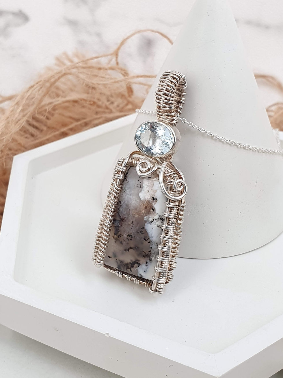Thumbnail: Sterling silver wire wrapped necklace with Opal and Aquamarine | NL779063
