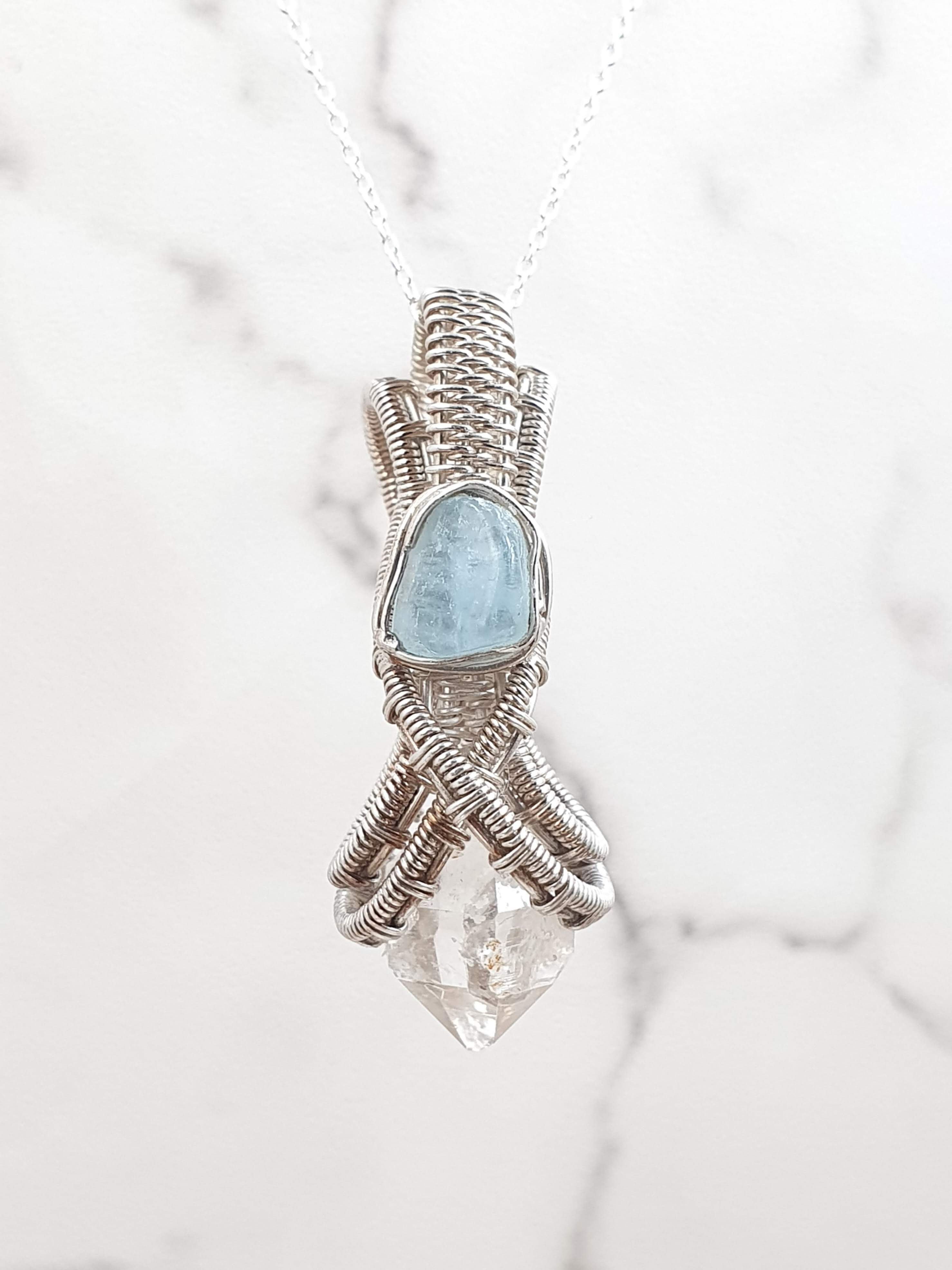 Sterling silver wire wrapped necklace with Herkimer and Aquamarine | NL779060