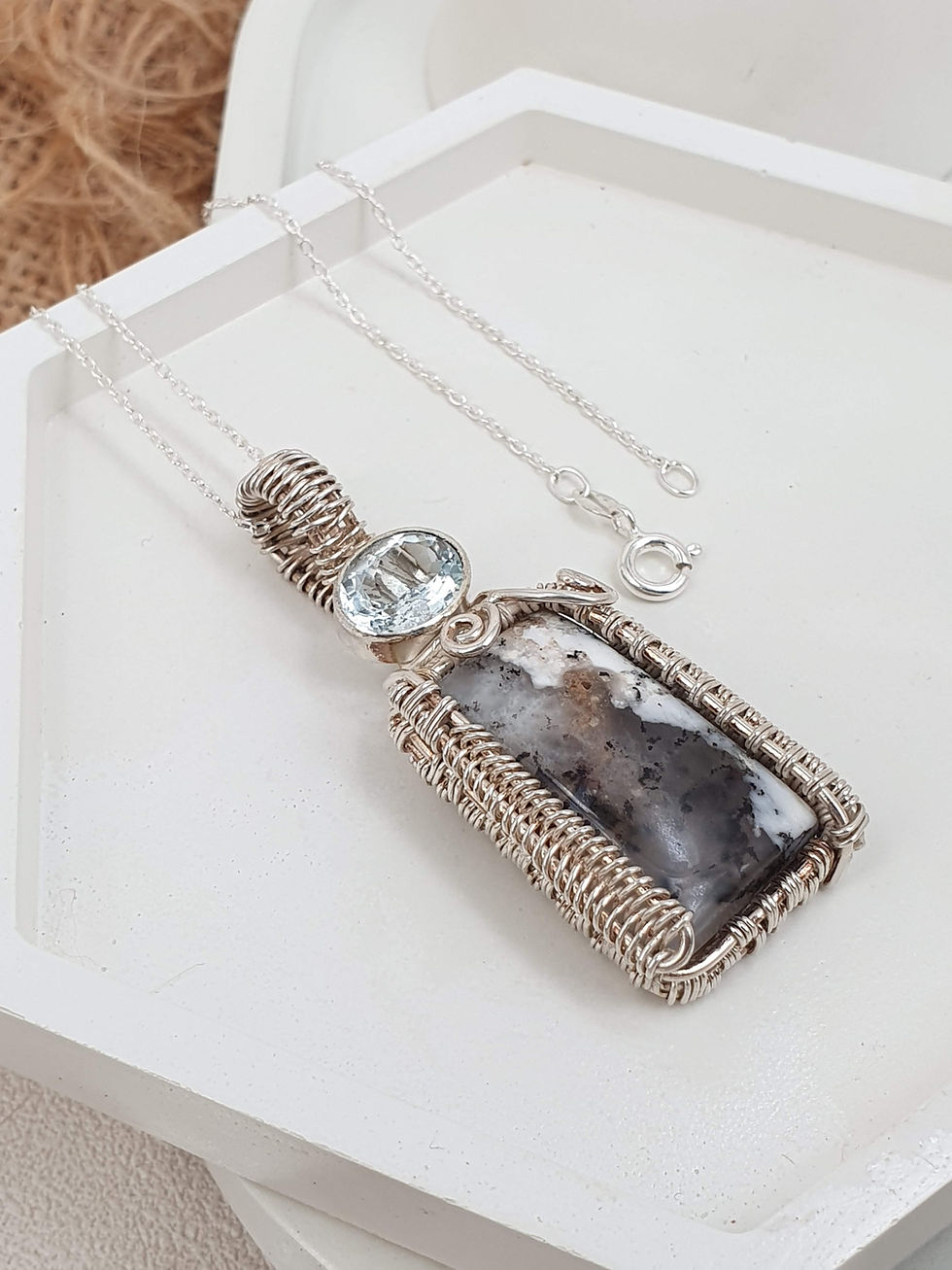 Thumbnail: Sterling silver wire wrapped necklace with Opal and Aquamarine | NL779063