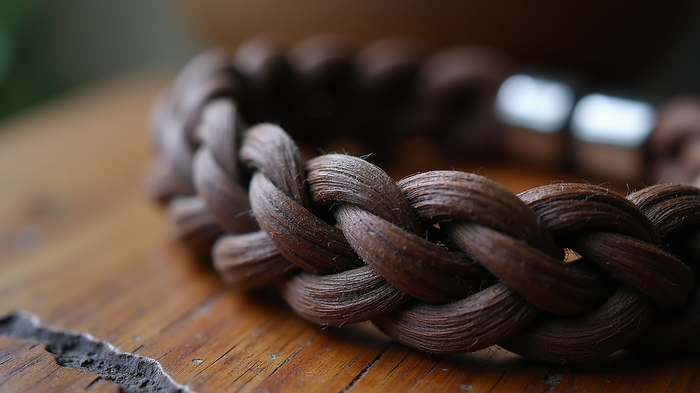 Close-up view of braided horse hair bracelet with silver accents