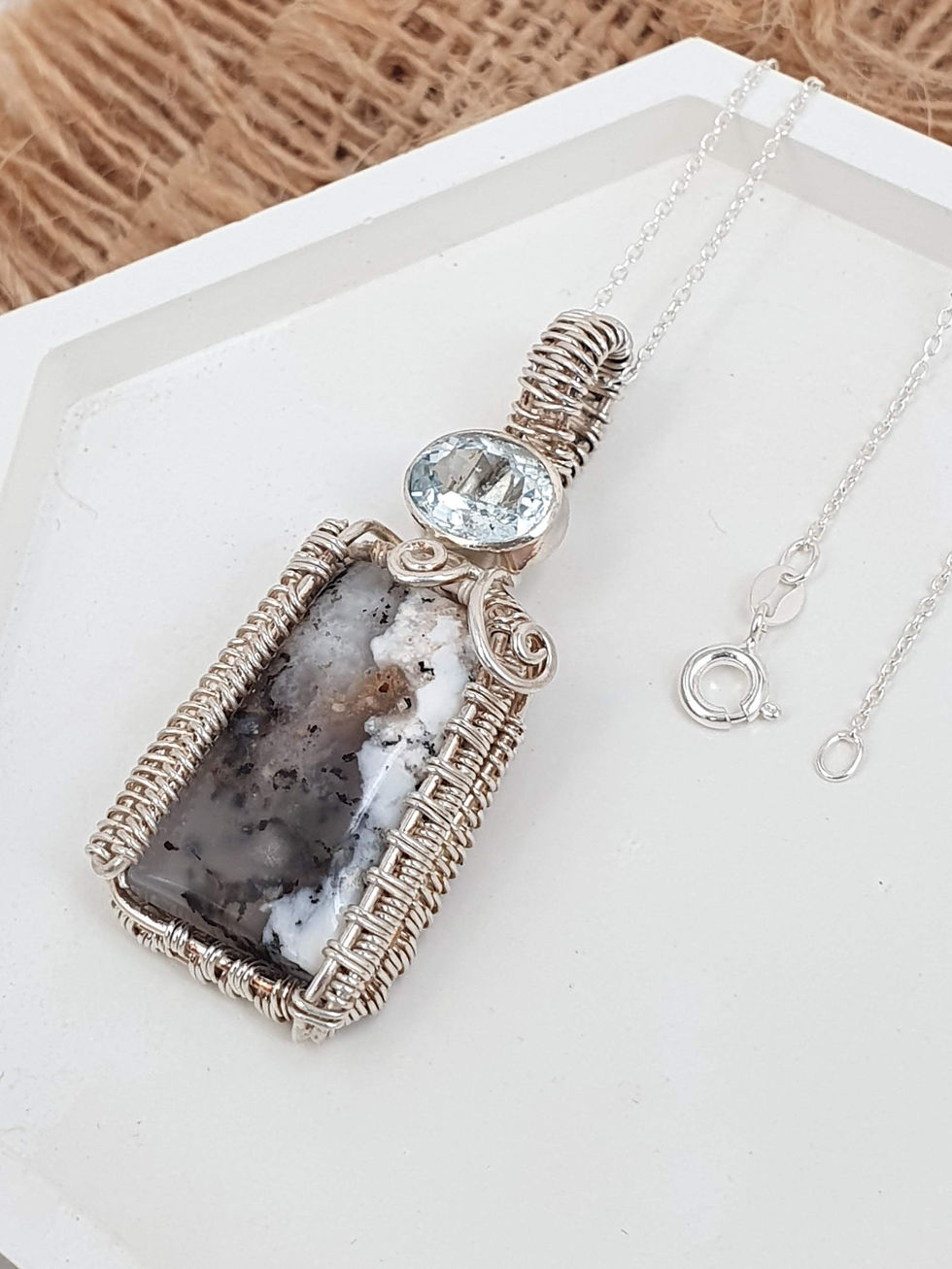 Thumbnail: Sterling silver wire wrapped necklace with Opal and Aquamarine | NL779063