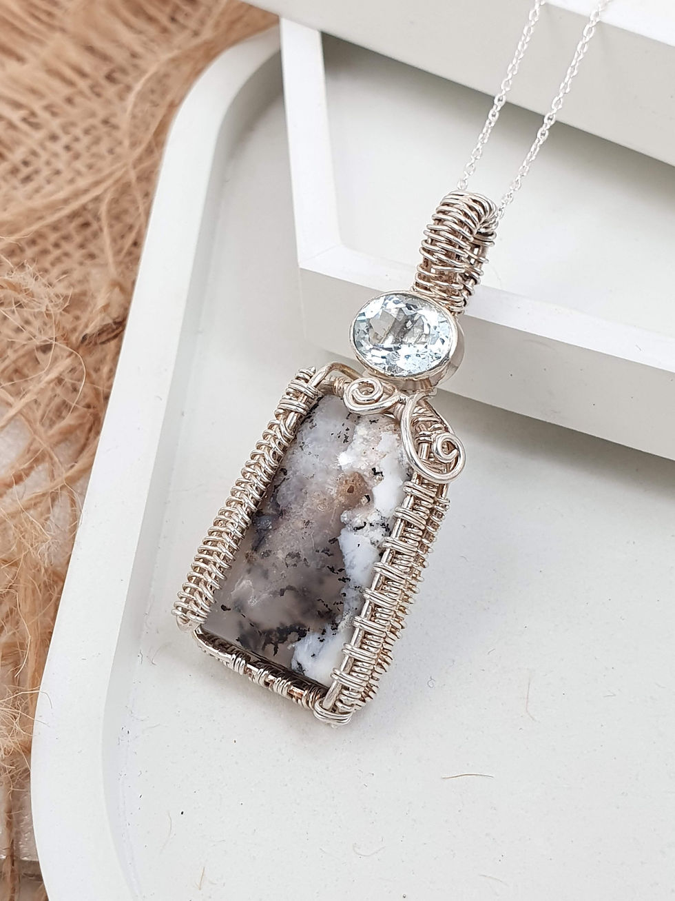 Thumbnail: Sterling silver wire wrapped necklace with Opal and Aquamarine | NL779063