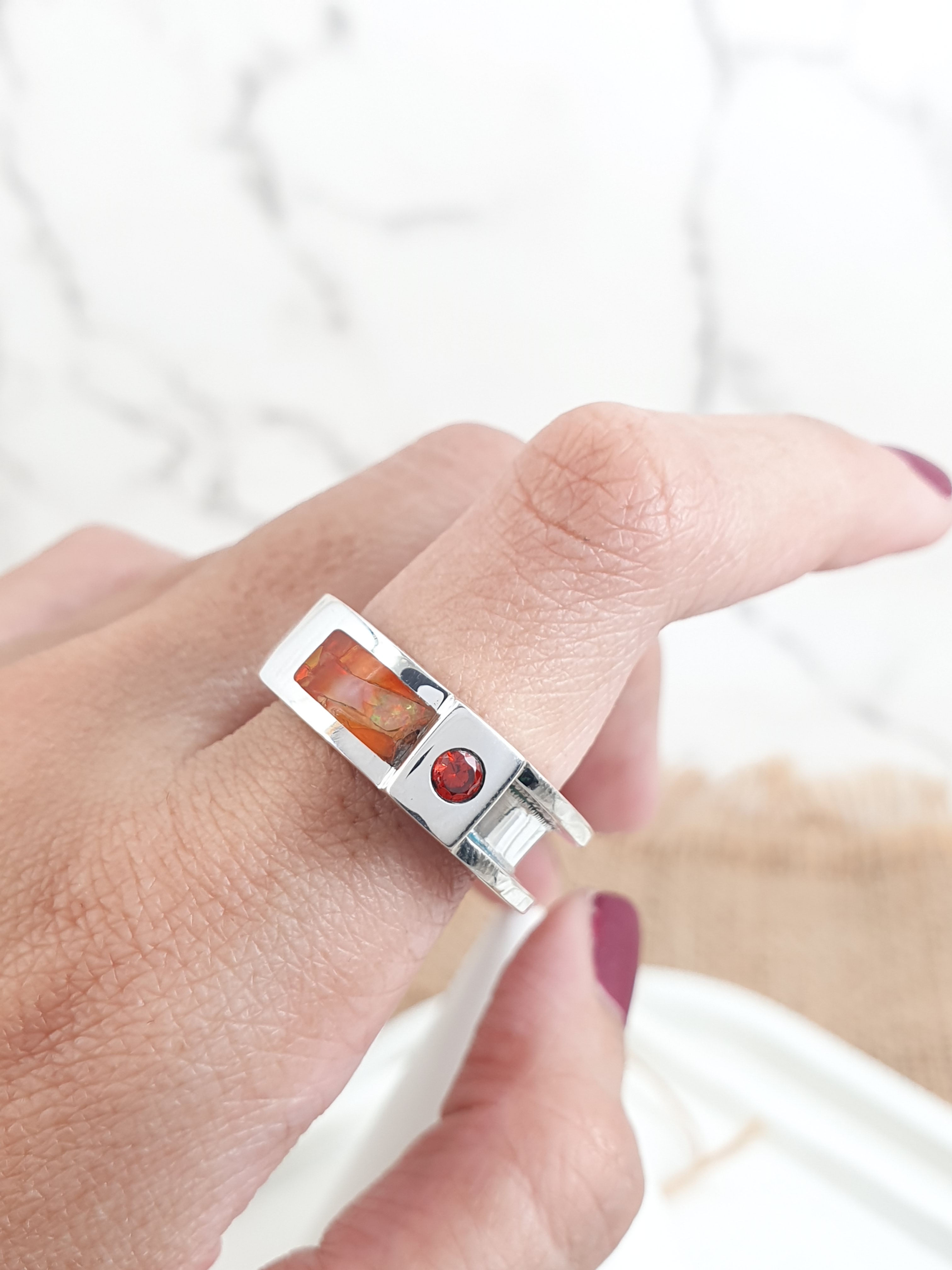 Sterling silver inlay ring with Orange Crushed Opal Birthstones CZ | RG887865