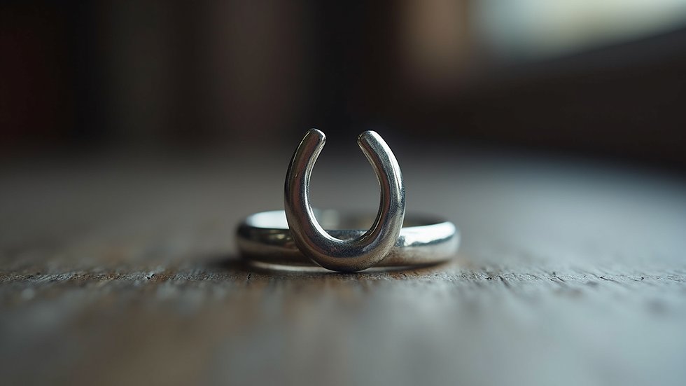 Eye-level view of a sterling silver horseshoe ring with a polished finish