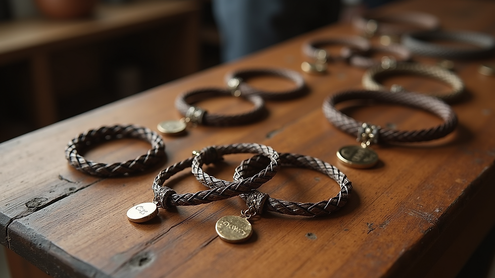 High angle view of a collection of custom horse hair jewelry pieces displayed on a wooden table