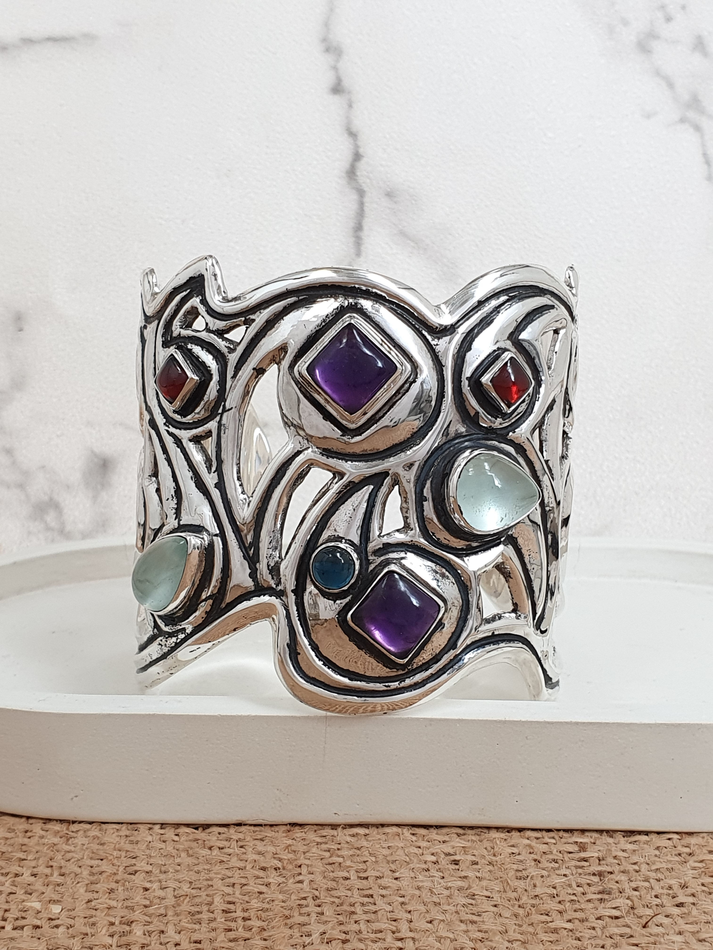 Sterling silver Repoussé Cuff with stones | CUFF39