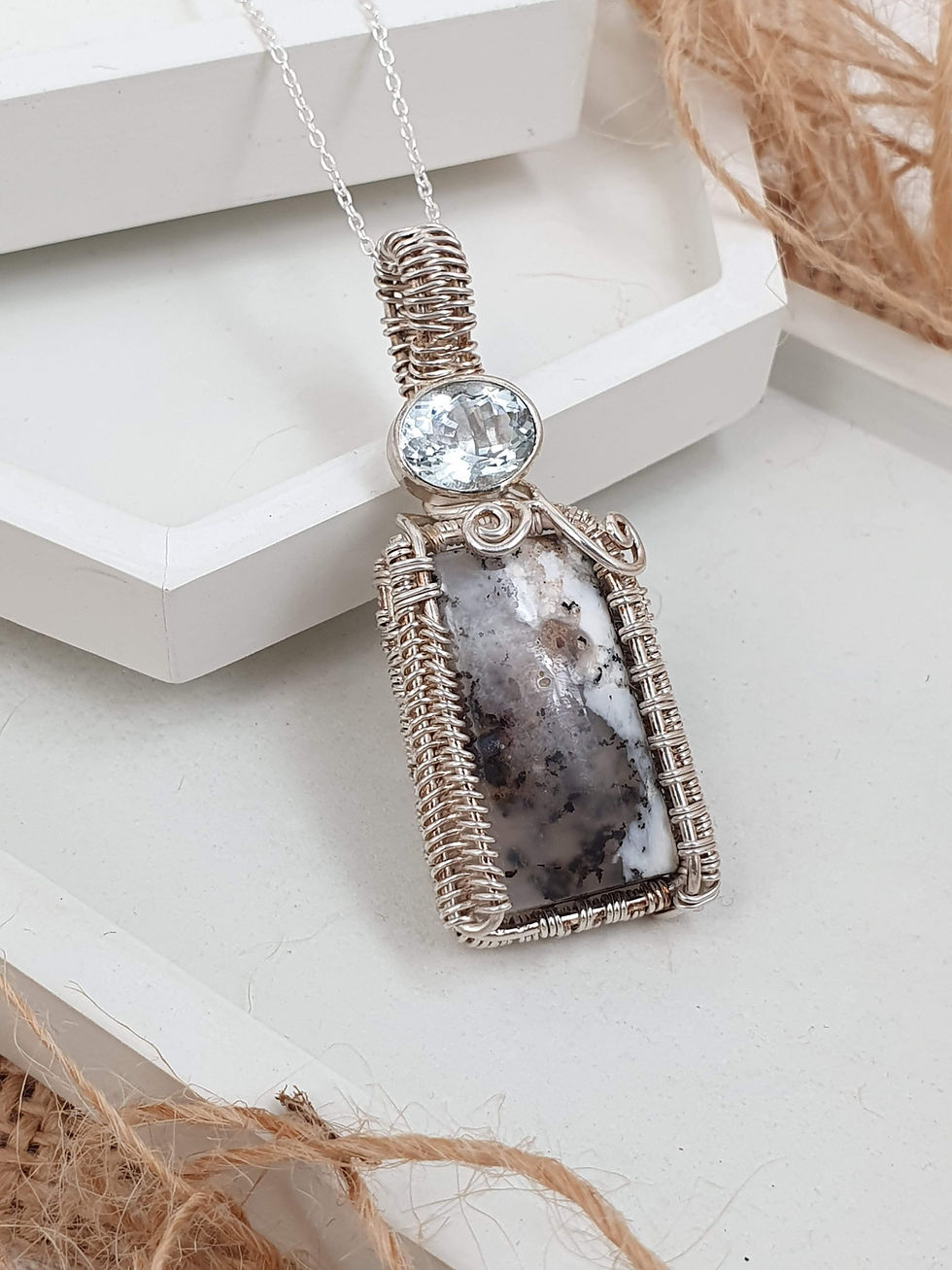 Thumbnail: Sterling silver wire wrapped necklace with Opal and Aquamarine | NL779063
