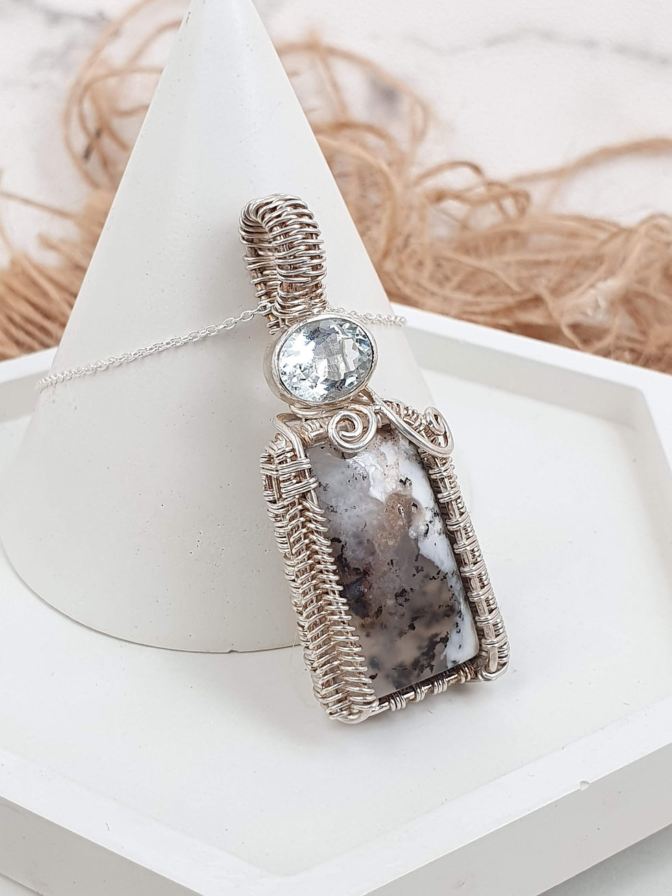 Thumbnail: Sterling silver wire wrapped necklace with Opal and Aquamarine | NL779063