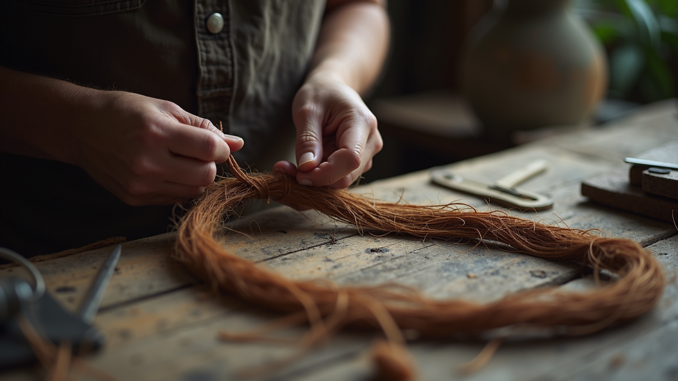 Eye-level view of artisan weaving horse hair into a necklace