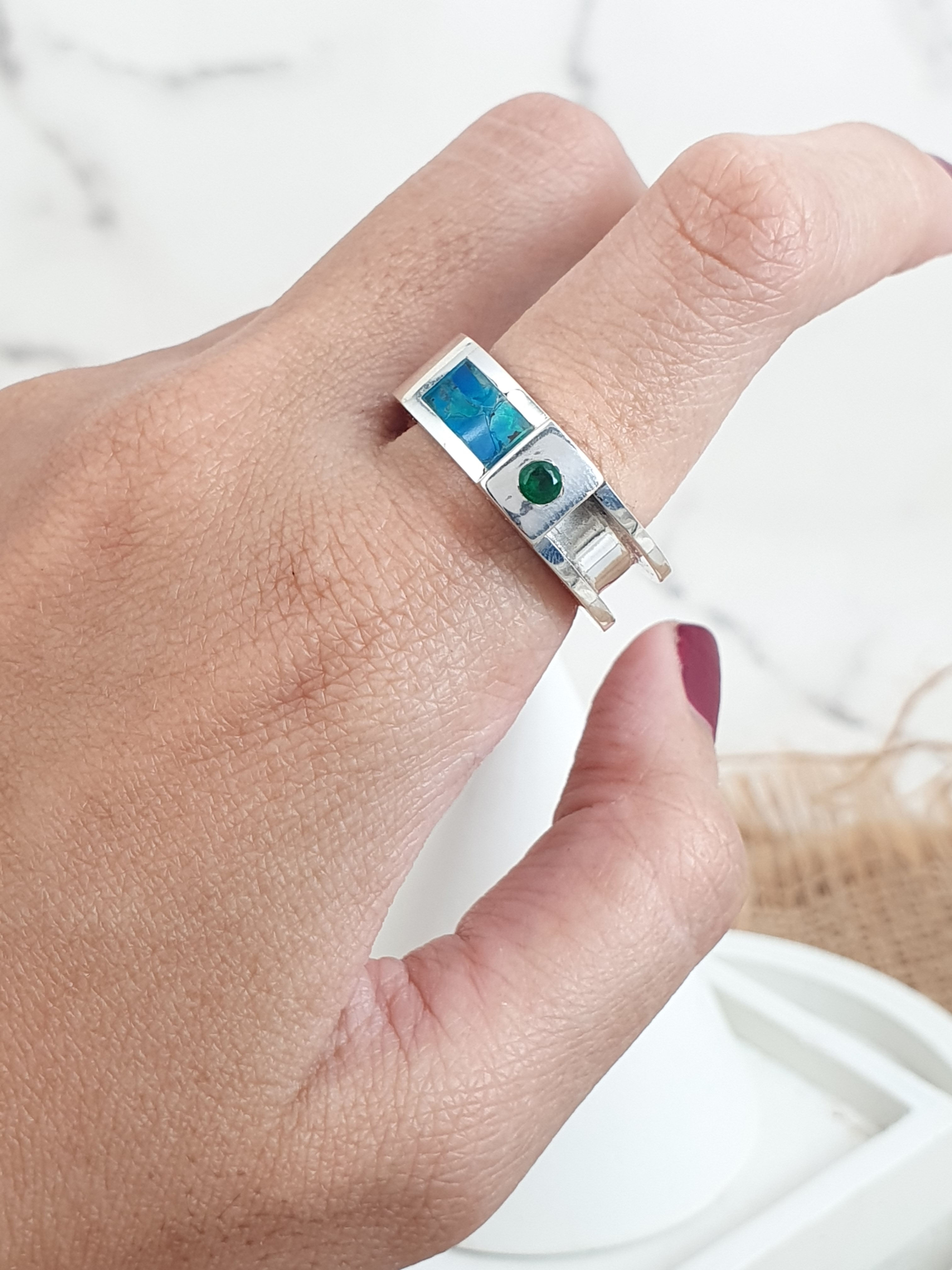 Sterling silver inlay ring with Paraiba Crushed Opal Birthstones CZ | RG887867