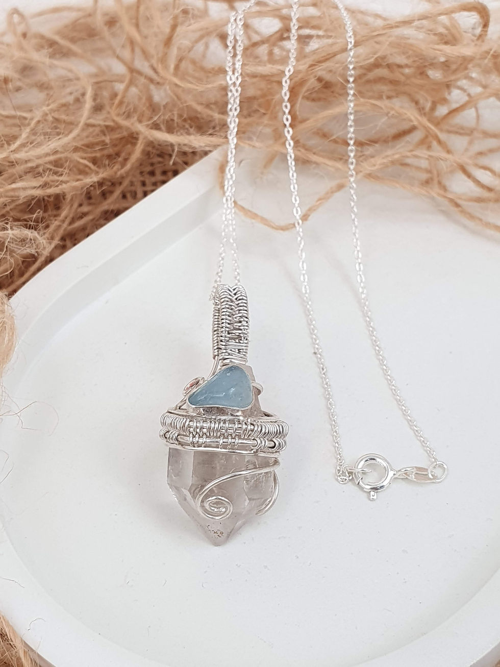 Thumbnail: Sterling silver wire wrapped necklace with Crystal and Aquamarine | NL779059