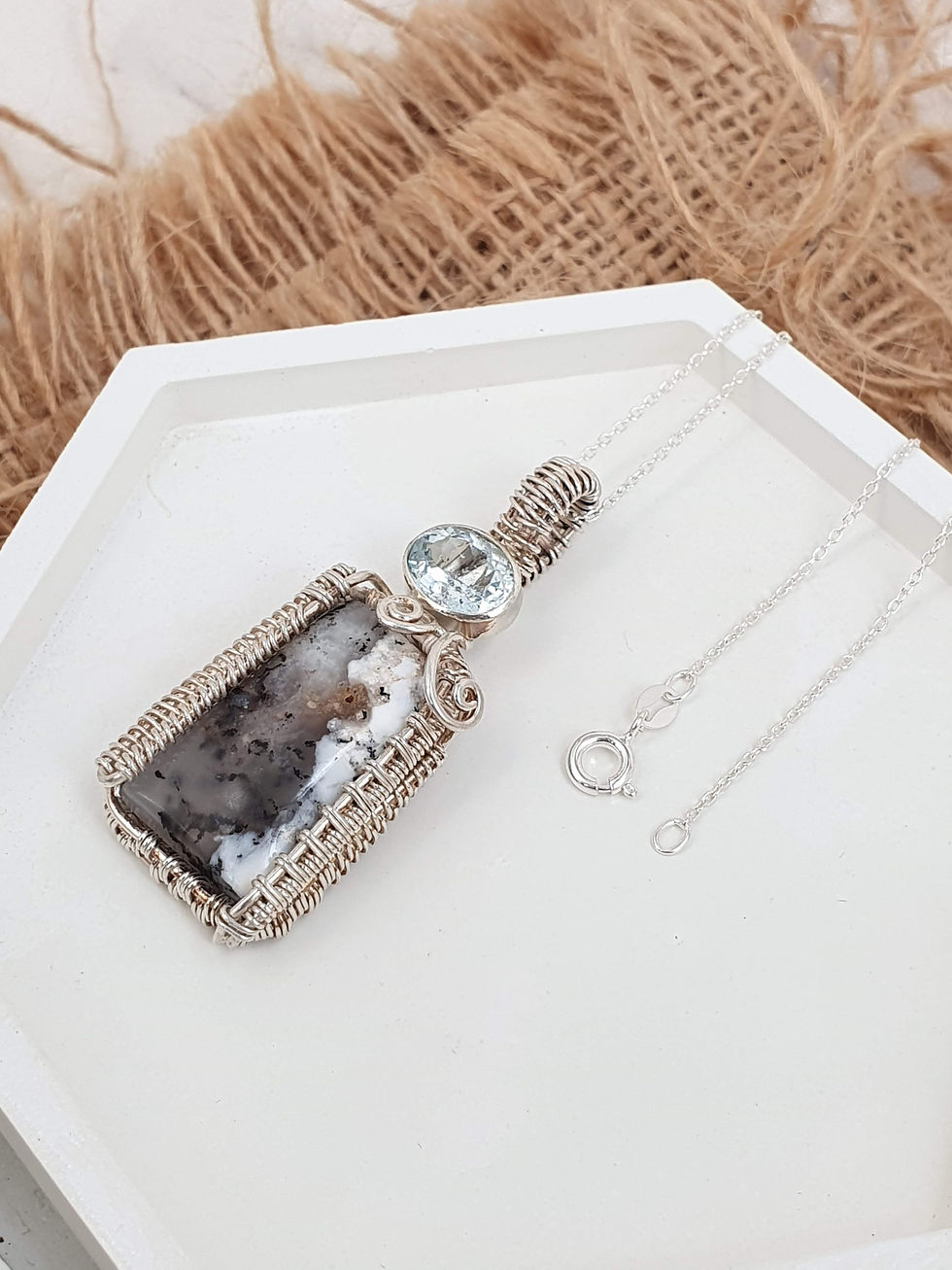 Thumbnail: Sterling silver wire wrapped necklace with Opal and Aquamarine | NL779063