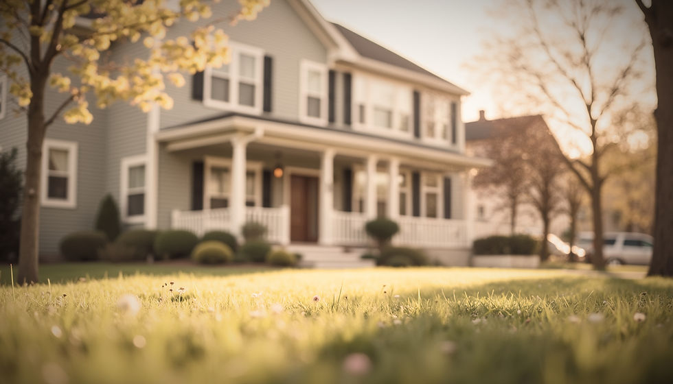 Eye-level view of a suburban house with a "For Sale" sign in the front yard