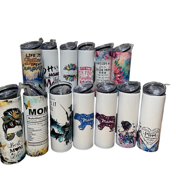 A personalized touch, like a favourite phrase, a drawing from your child, a sports team logo, or a photo of you and your best friend, can be sublimated onto these 20 oz Skinny Tumblers. It makes a fantastic gift that keeps giving every time it's used.