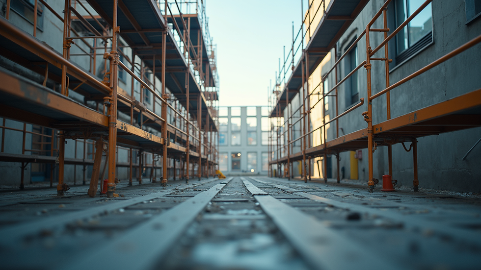 Eye-level view of assembled scaffolding platform with guardrails