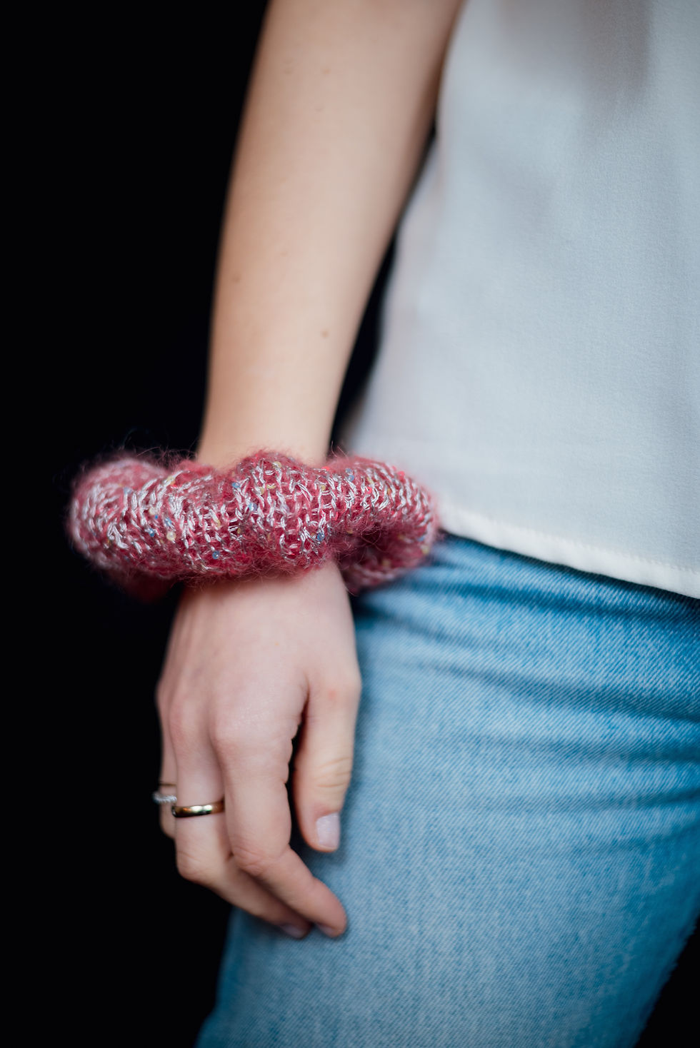 Miniatura: Scrunchie ASTREO in mohair rosso e filo metallico argento con paillettes