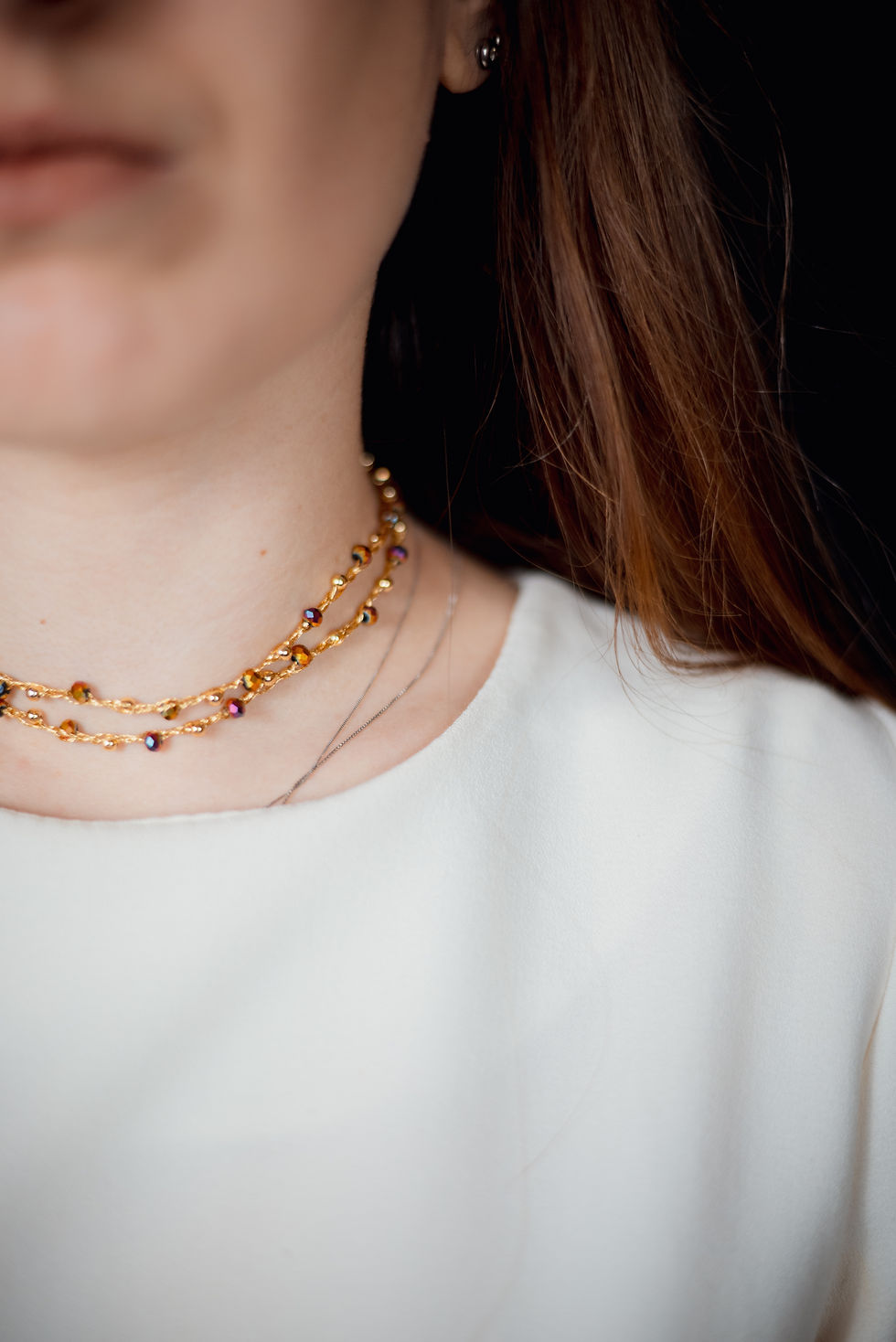 Miniatura: Catenella REA base oro e cristalli multicolor rame indossati come collana a doppio giro