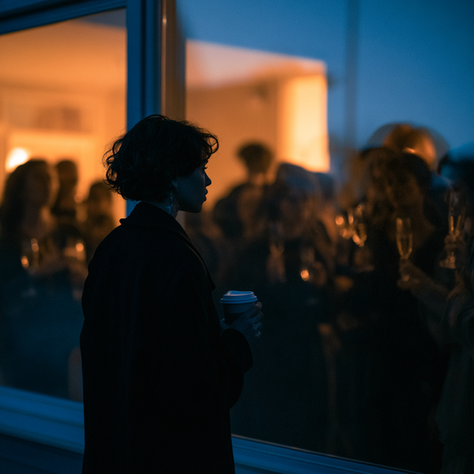 newly sober woman drinking coffee looking in to the party