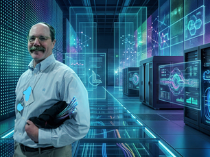 Doug Black at Team Libra in a server room holding cables, smiling. Neon lights and digital graphics on walls. Mood is high-tech and futuristic.