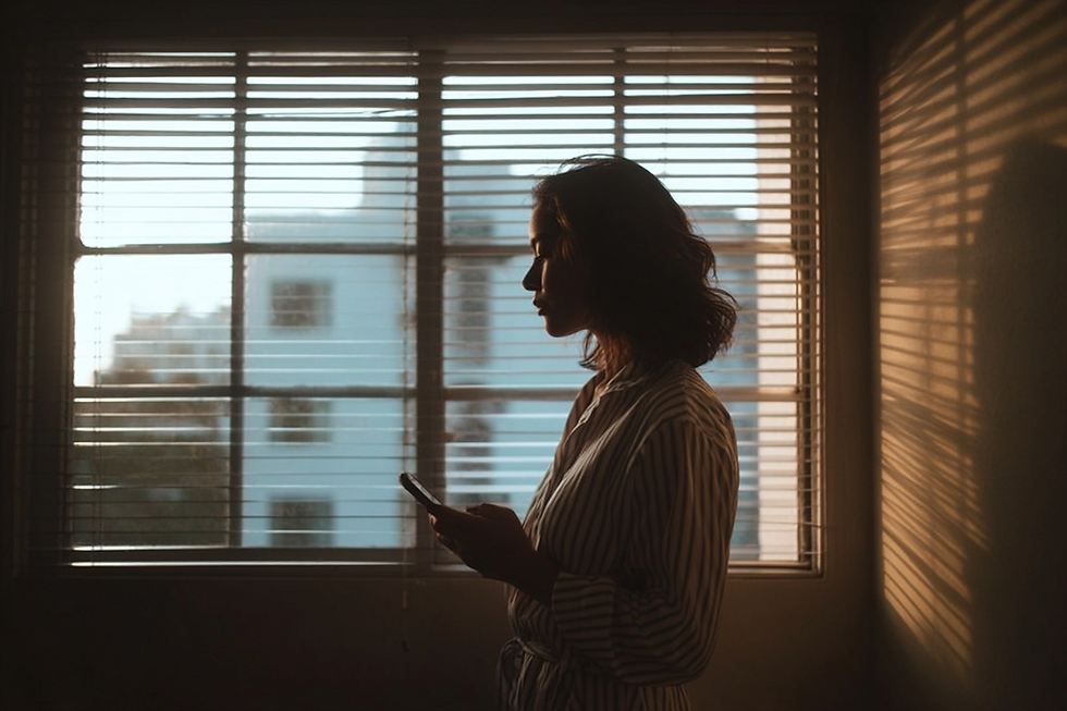 Silhouette of a woman in a striped shirt holding a phone, standing by a window with blinds. Warm light creates shadows on the wall.