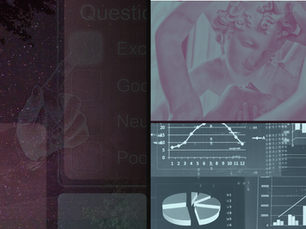 A starry sky overlays a hand pointing at a checklist. On the right, a classical sculpture misaligned with charts and graphs. Purple tones dominate.