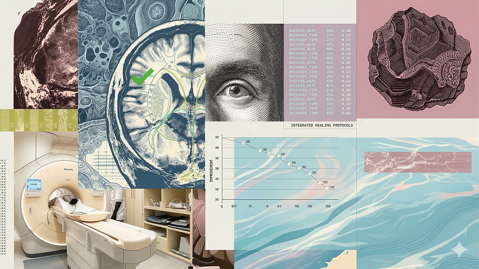 Collage of medical imagery: brain scan, MRI machine, eye illustration, data charts with success rates, and abstract art in pastel hues.