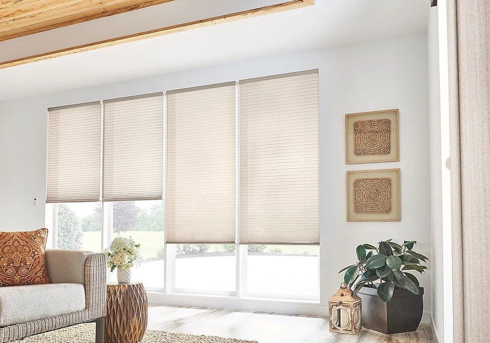 A cozy living room with neutral tones features large windows covered by sleek beige blinds. A plush sofa with a patterned cushion and a decorative side table enhance the warm ambiance. Cultural art pieces and a lush green plant add stylish accents.