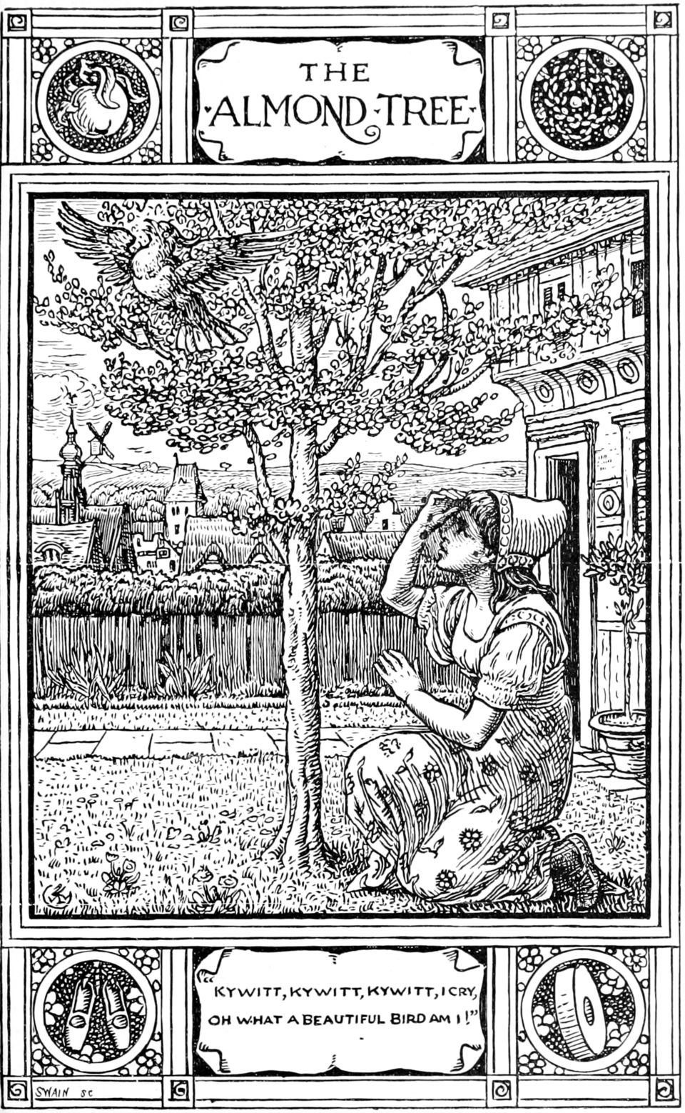 A black and white illustration of a young woman looking up at a bird flying from a tree. The caption underneath reads: Keewit! keewit! hie! Hie What a dainty fine bird am I!