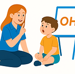Illustration of a pediatric speech therapist working with a child using visual articulation cues
