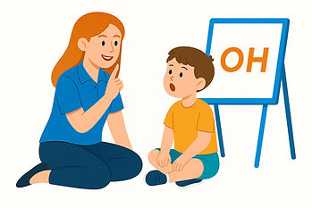 Speech therapist helping young child with articulation using an OH sound chart during therapy