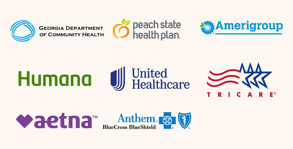 Logos of accepted insurance providers at the clinic, including Georgia Department of Community Health (Georgia Medicaid), Pea