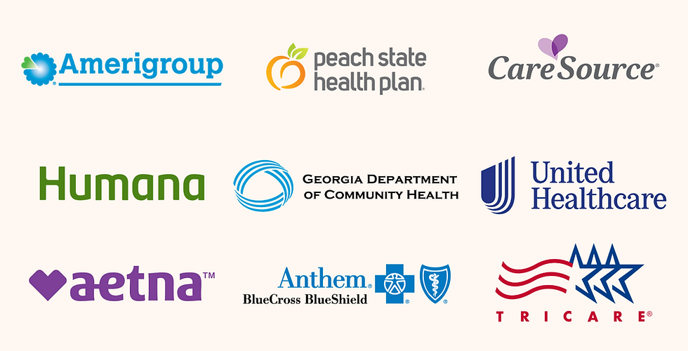 Logo for in-network insurers including - medicaid, amerigroup, peach state health plan, caresource, and more.