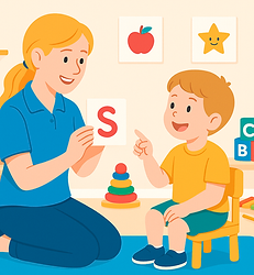 Speech-language pathologist engaging child with picture prompts during speech therapy session