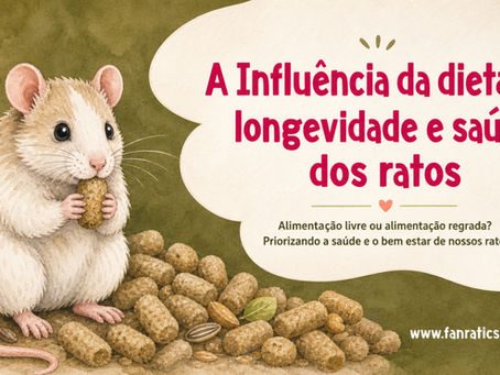 Capa de artigo da Fanratics sobre a influência da dieta na longevidade e saúde dos ratos, com um ratinho ilustrado em estilo delicado, elementos de ração ao fundo e texto destacando alimentação livre ou regrada para priorizar o bem-estar dos ratos.