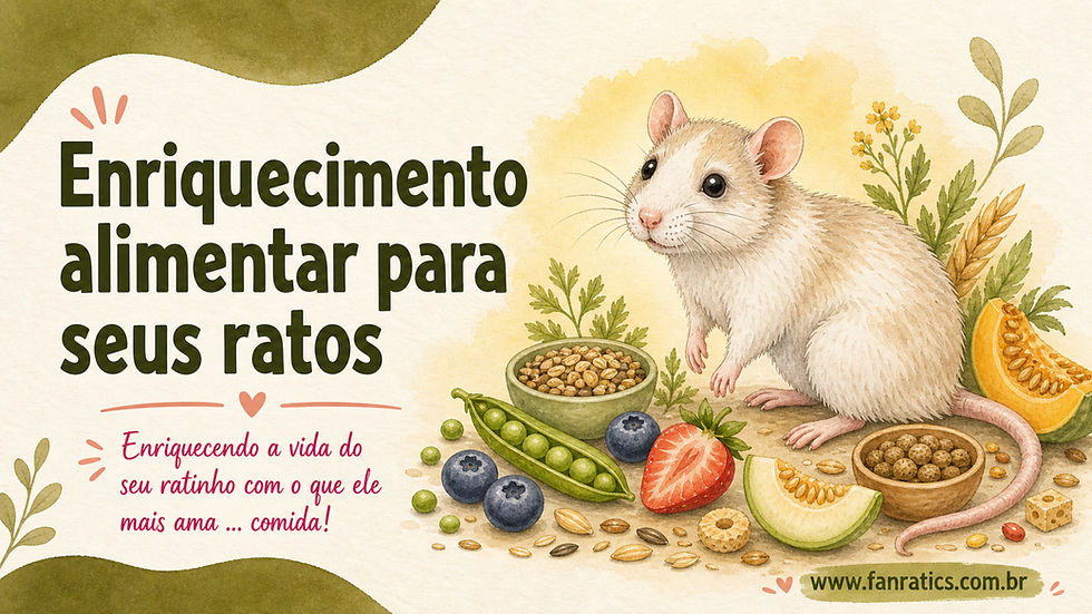 Capa ilustrada da Fanratics sobre enriquecimento alimentar para ratos, com um rato de estimação em aquarela ao lado de frutas, legumes, grãos e petiscos saudáveis.