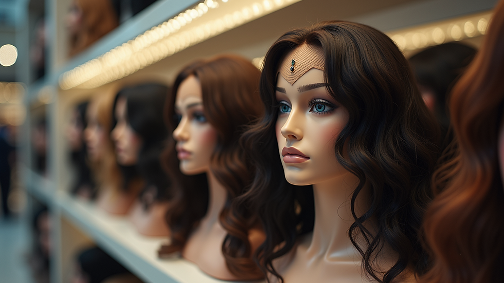 Eye-level view of lace front wig display in a London boutique