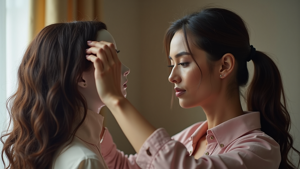 Eye-level view of a woman adjusting a wig on a wig stand