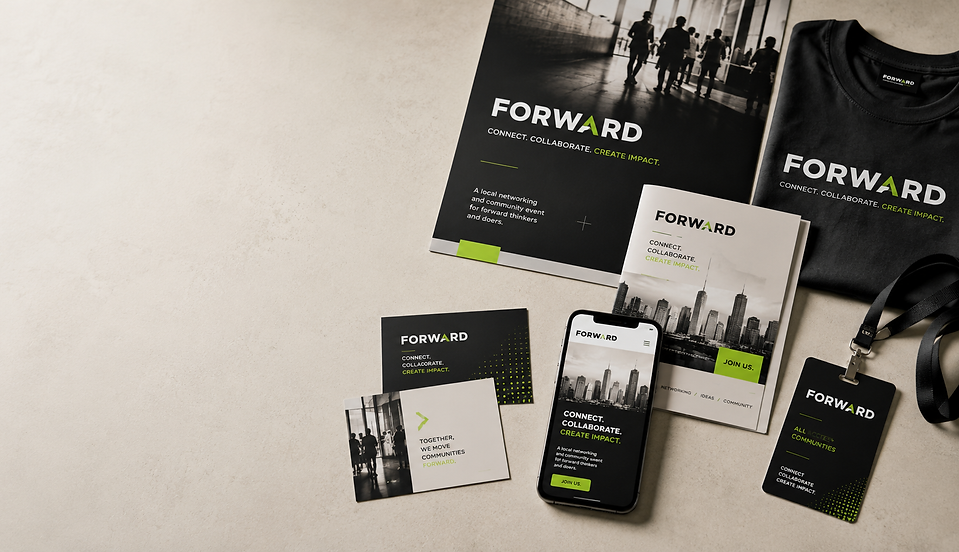 Complete brand identity system with logo, business cards, stationery, and branded materials