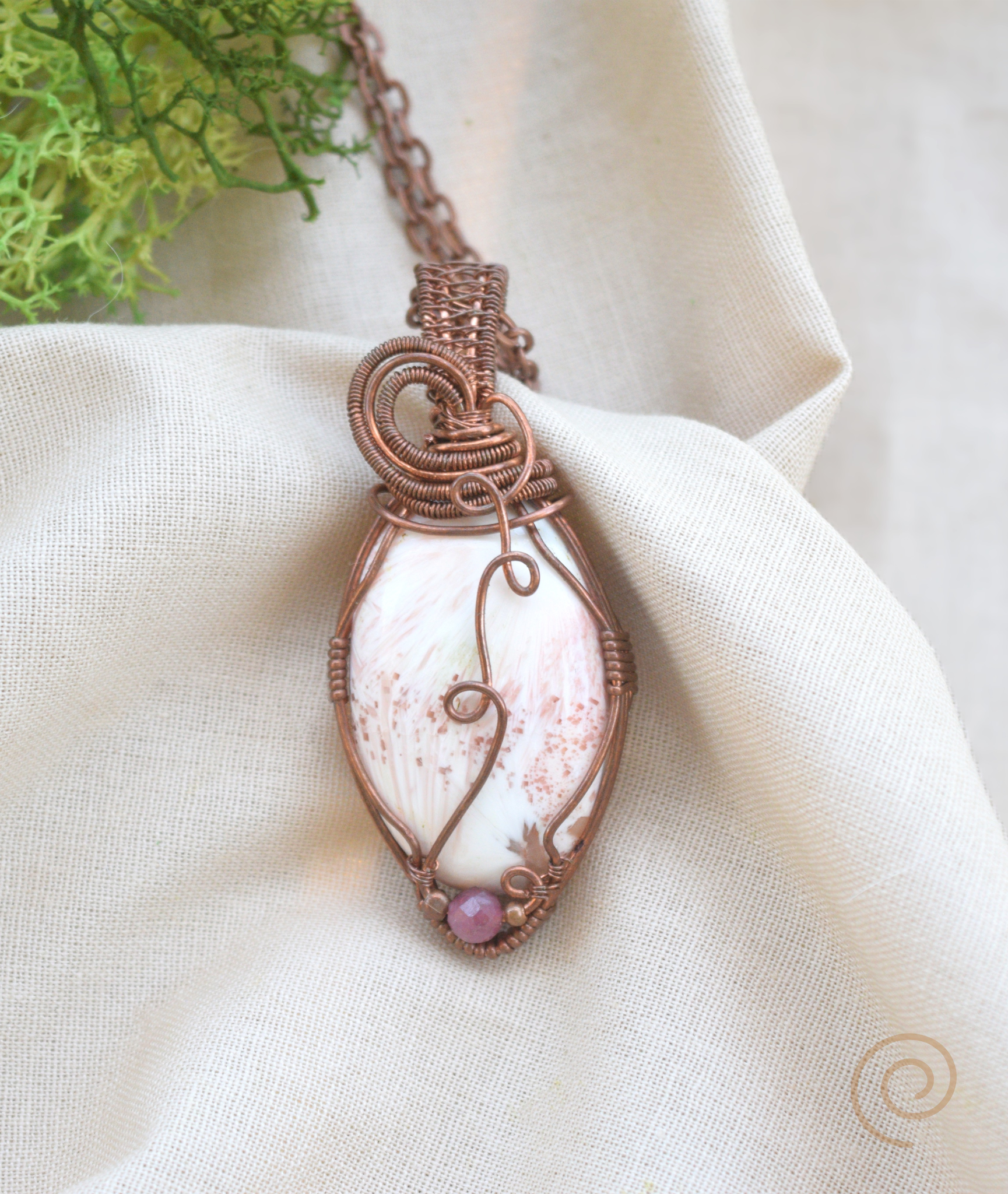 Scolecite & Copper Wire Pendant with Tourmaline Accent