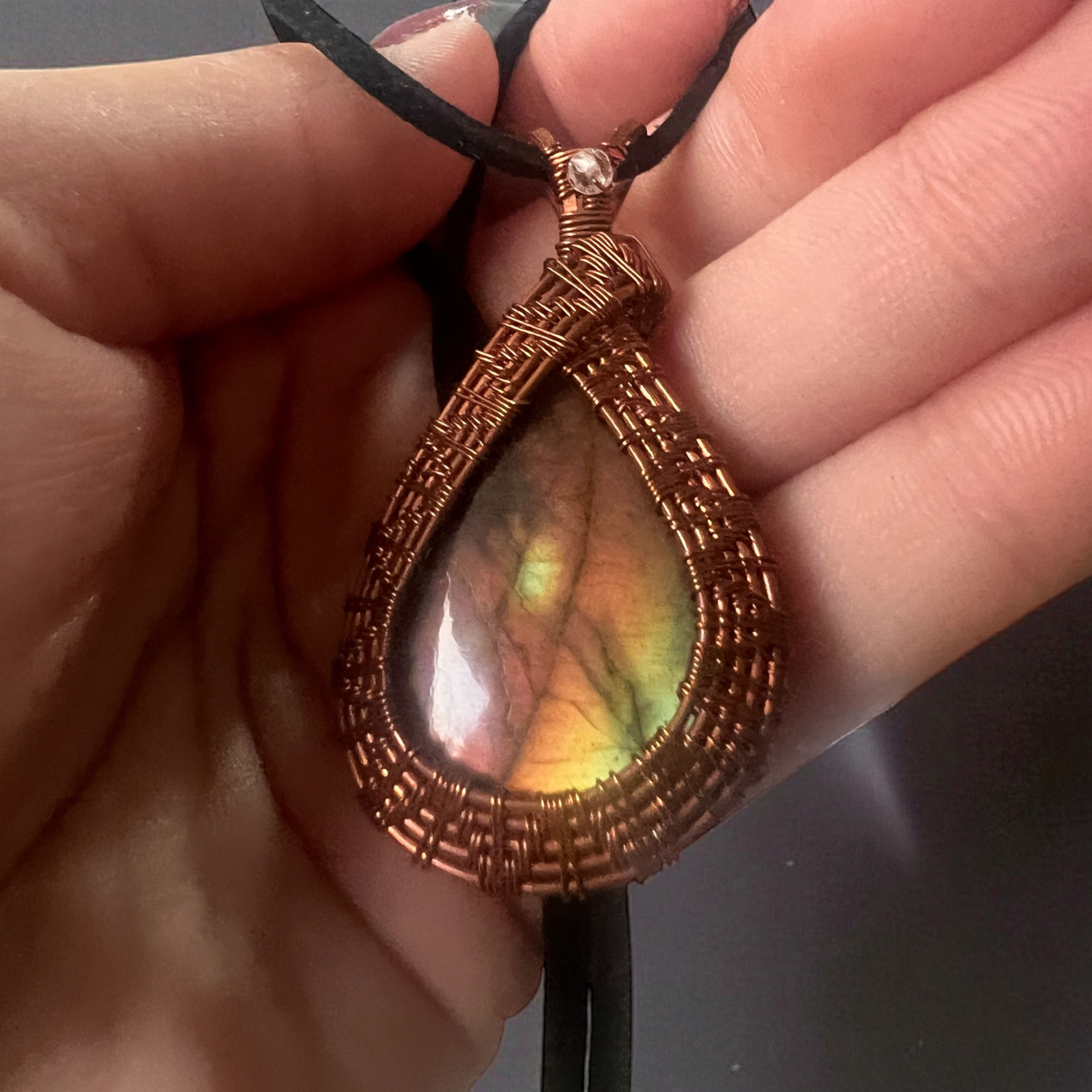 Eshara's Flame - Labradorite & Crystal Quartz Pendant wrapped in Raw Copper