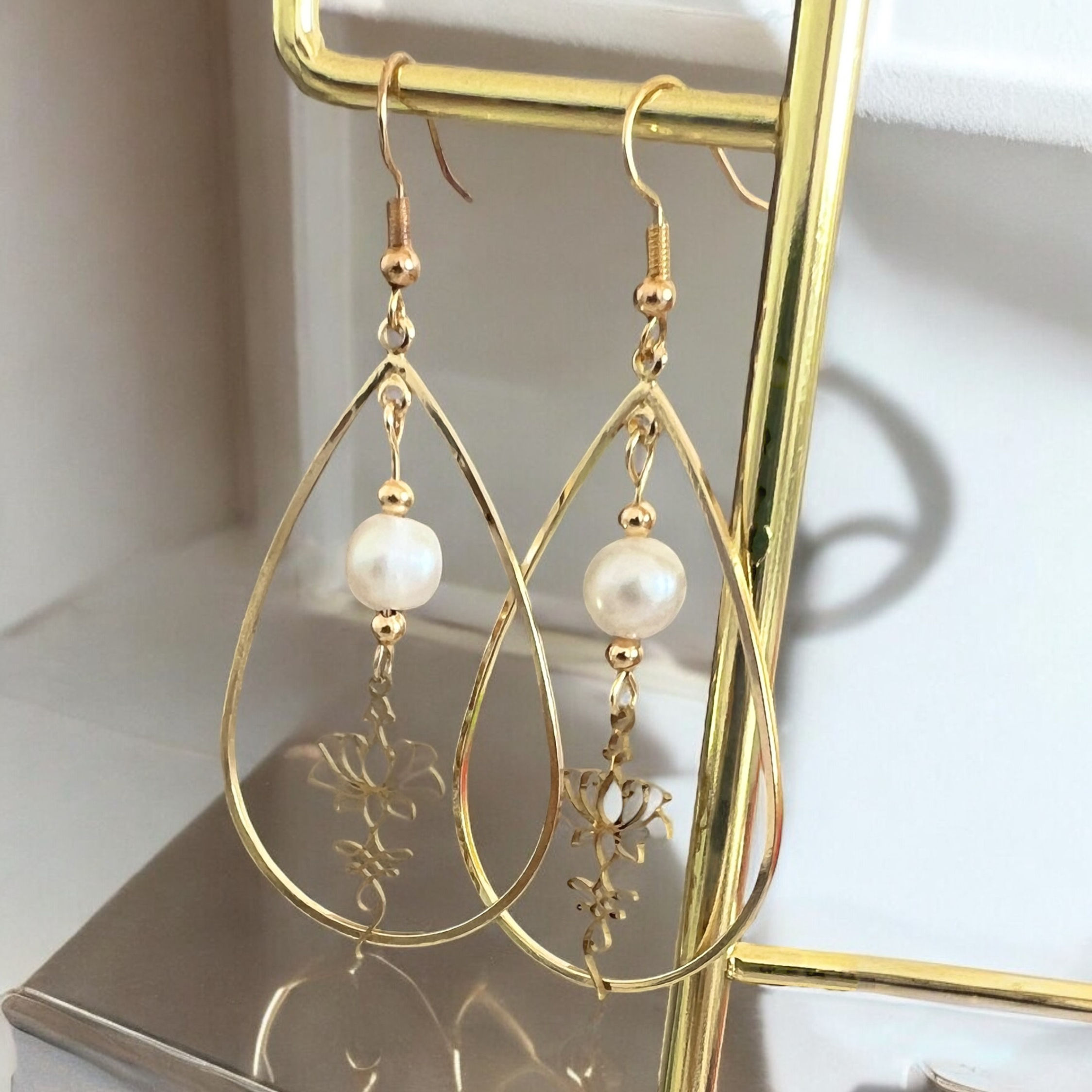 Teardrop Framed Cultured Pearl Lotus Drop Earrings