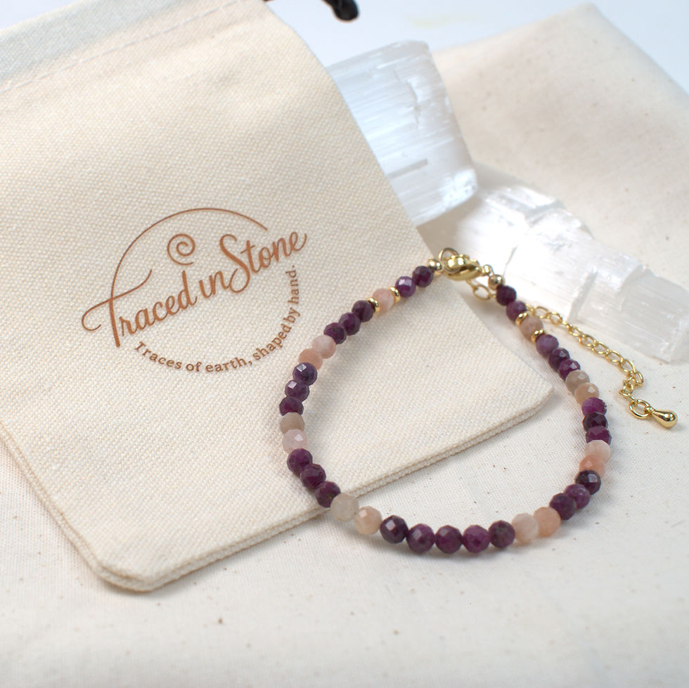 Thumbnail: Heart's Desire – Ruby & Peach Moonstone Bracelet by Traced in Stone