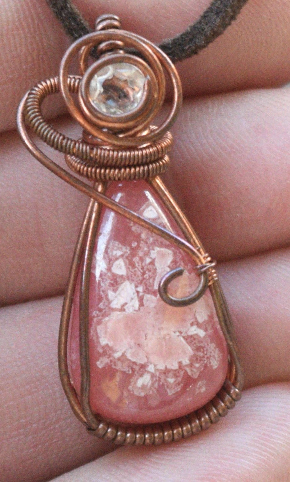 Thumbnail: Floral Echoes • Rhodochrosite Pendant in Copper • Wire Wrapped Wearable Art