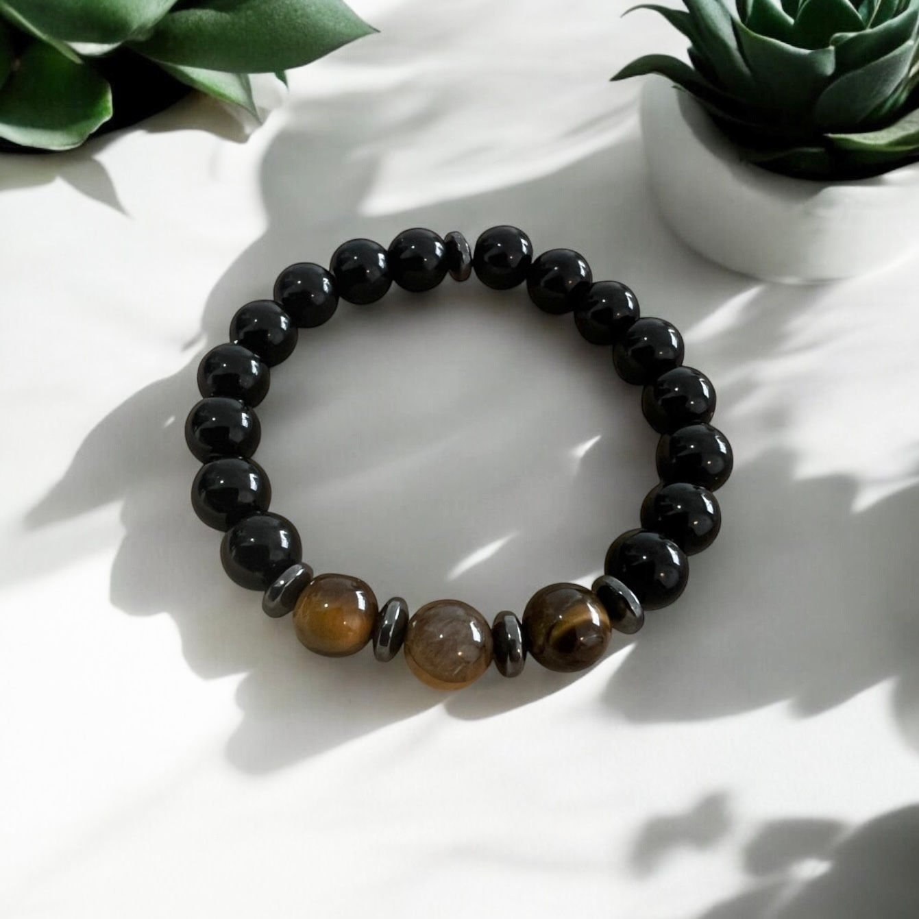 Tigers Eye & Obsidian Crystal Healing Bracelet with Hematite