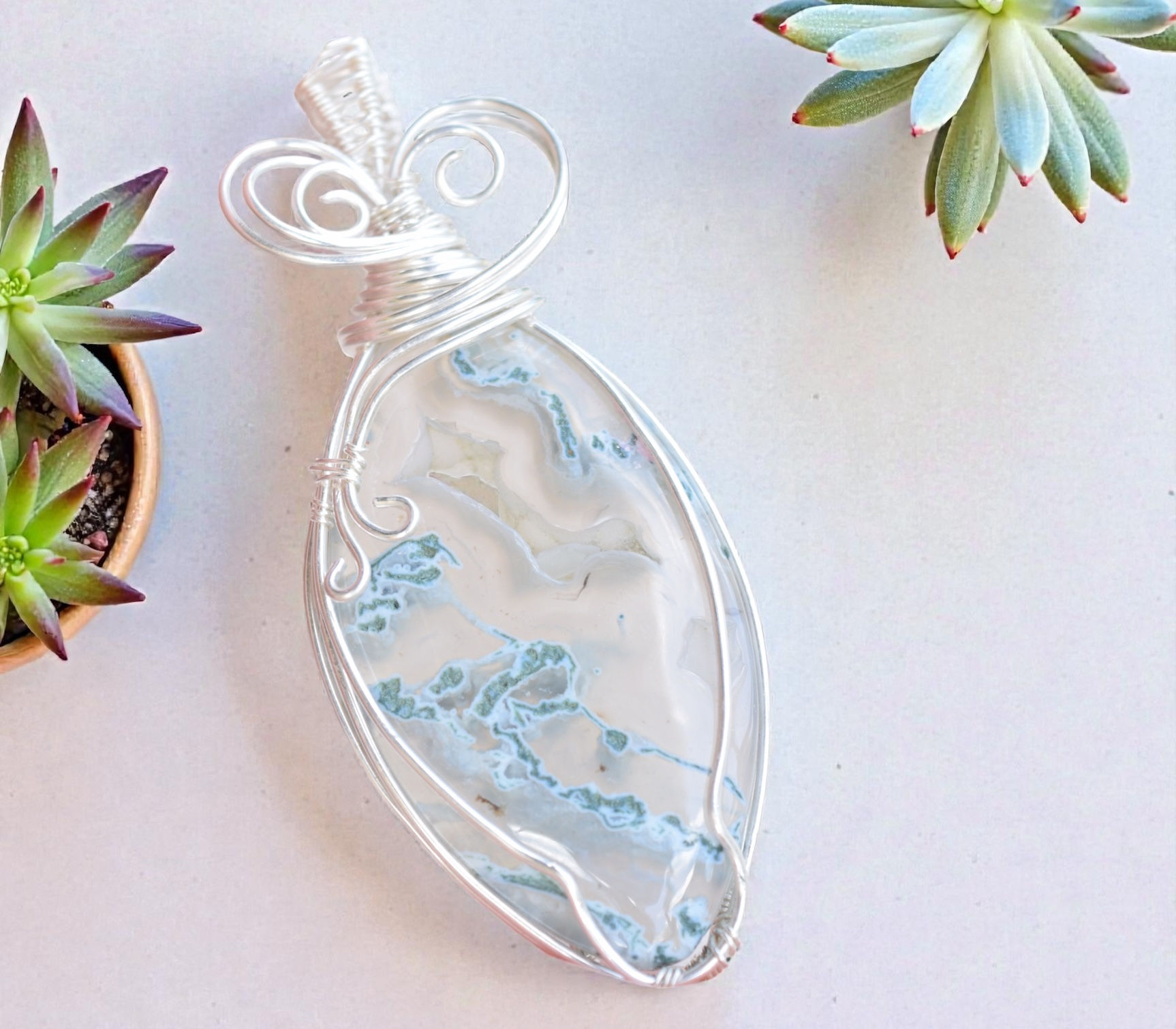 Enchanted Earth - Natural Moss Agate Druzy Silver Filled Wire Pendant